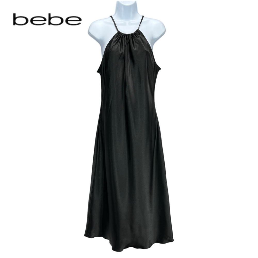 Bebe Women’s Large‎ Black Satin Halter Slip Midi Dress
